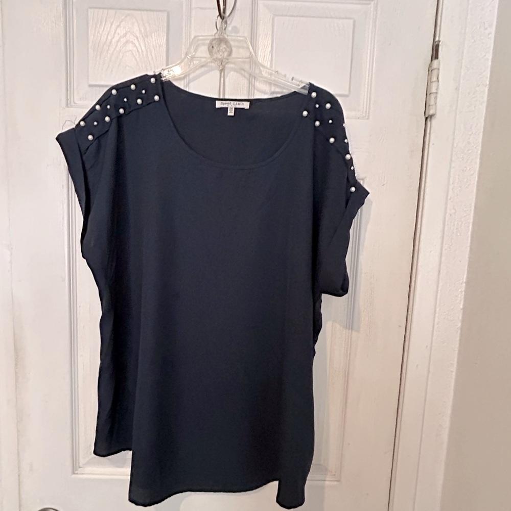 NWOT “Speed Limit” Navy Top with Faux Pearl Details On The Sleeves